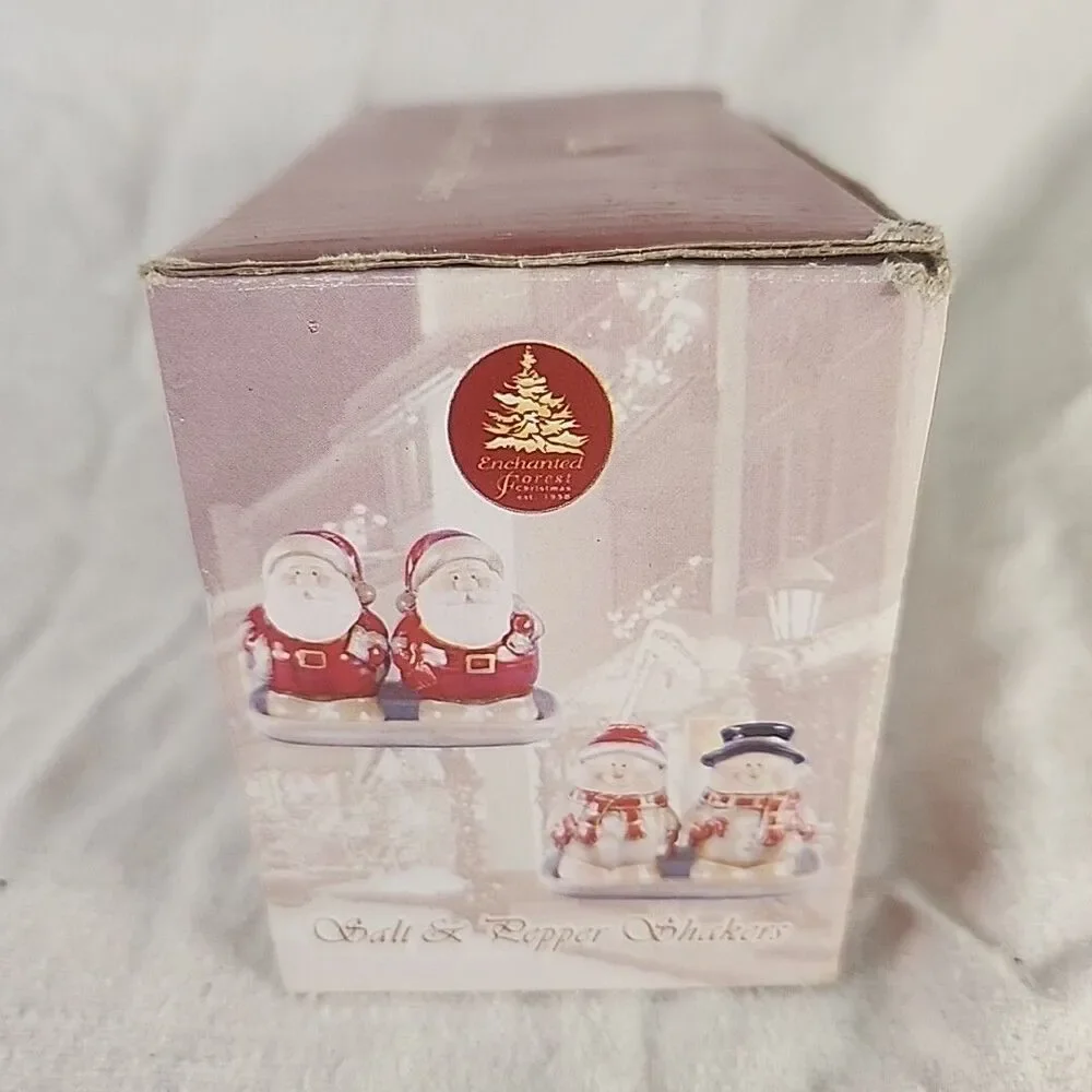 CHRISTMAS Ceramic Santa Claus Salt And Pepper And Tray Set Enchanted Forest New